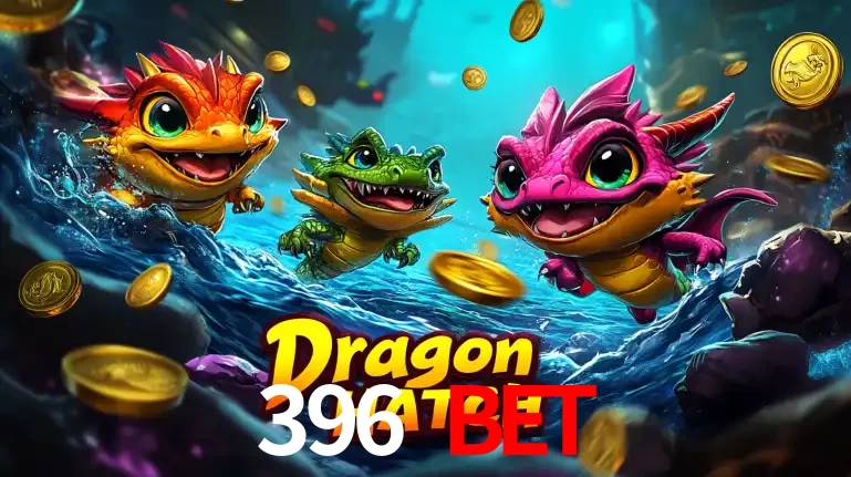 Arte promocional do jogo Dragon Hatch com três adoráveis dragões bebês nadando entre moedas de ouro, um dos slots mais divertidos para jogar no cassino 396 BET.