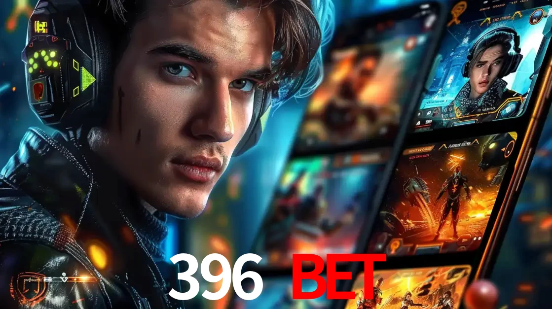 Jovem jogador com fones de ouvido olhando para a câmera, com um aplicativo de jogos e e-sports para celular ao fundo, pronto para a competição e apostas no 396 BET.