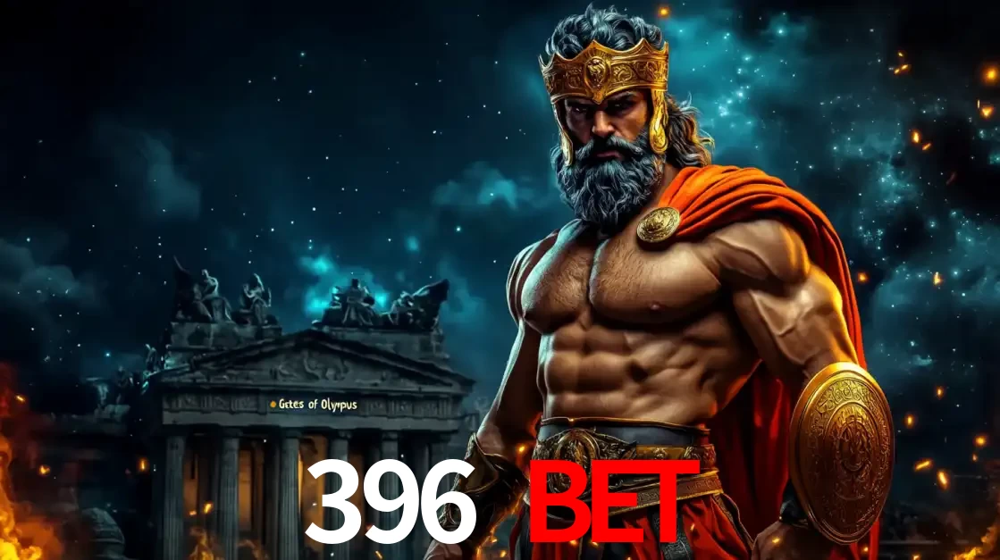 O poderoso Zeus do jogo de slot Gates of Olympus em frente ao seu templo, pronto para lançar multiplicadores divinos e prêmios épicos no cassino online 396 BET.