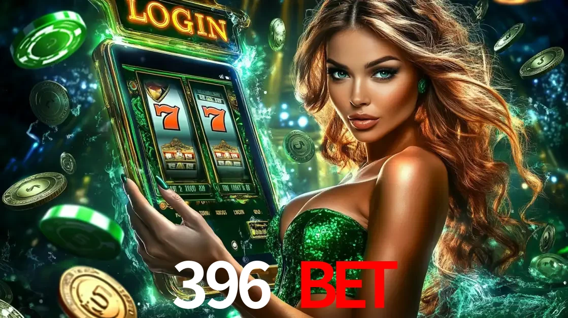 Mulher com tema verde apresentando o aplicativo do cassino 396 BET com um jogo de slot de 777, cercada por fichas de cassino e uma aura de sorte.