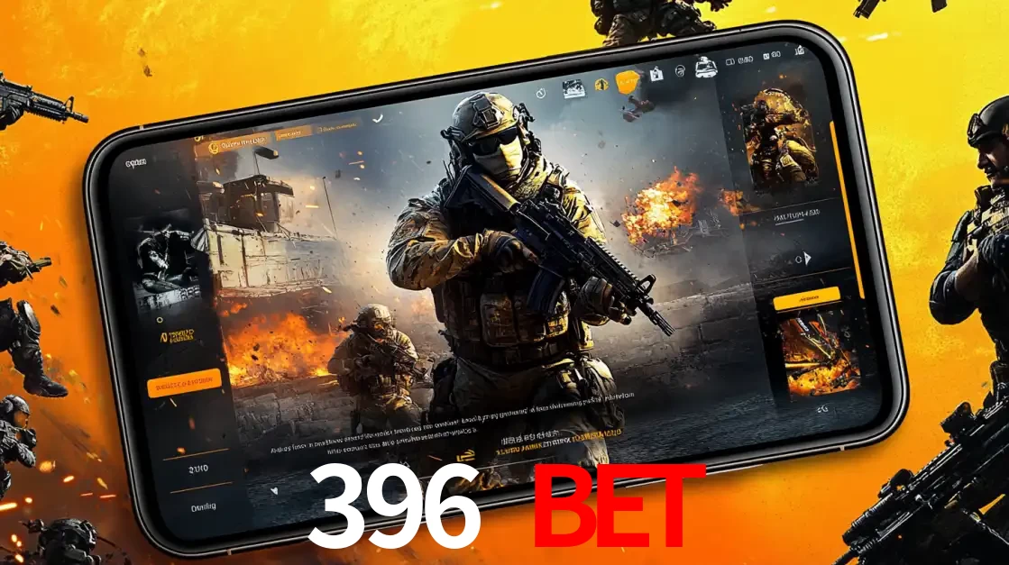 Um smartphone exibindo a interface de um jogo de tiro em primeira pessoa, com um soldado em um cenário de batalha, representando a ação dos e-sports para apostar no 396 BET.