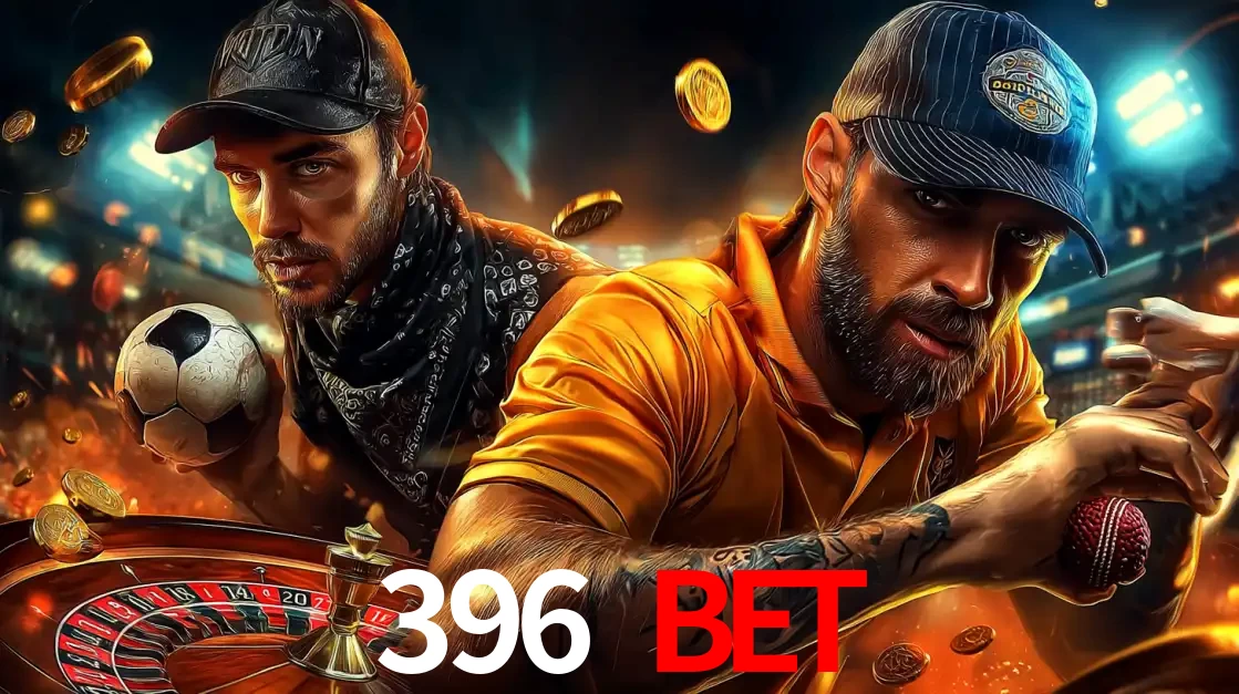 Montagem de apostas esportivas e cassino no 396 BET, com um homem segurando uma bola de futebol e outro uma de beisebol sobre uma roleta e moedas voadoras.