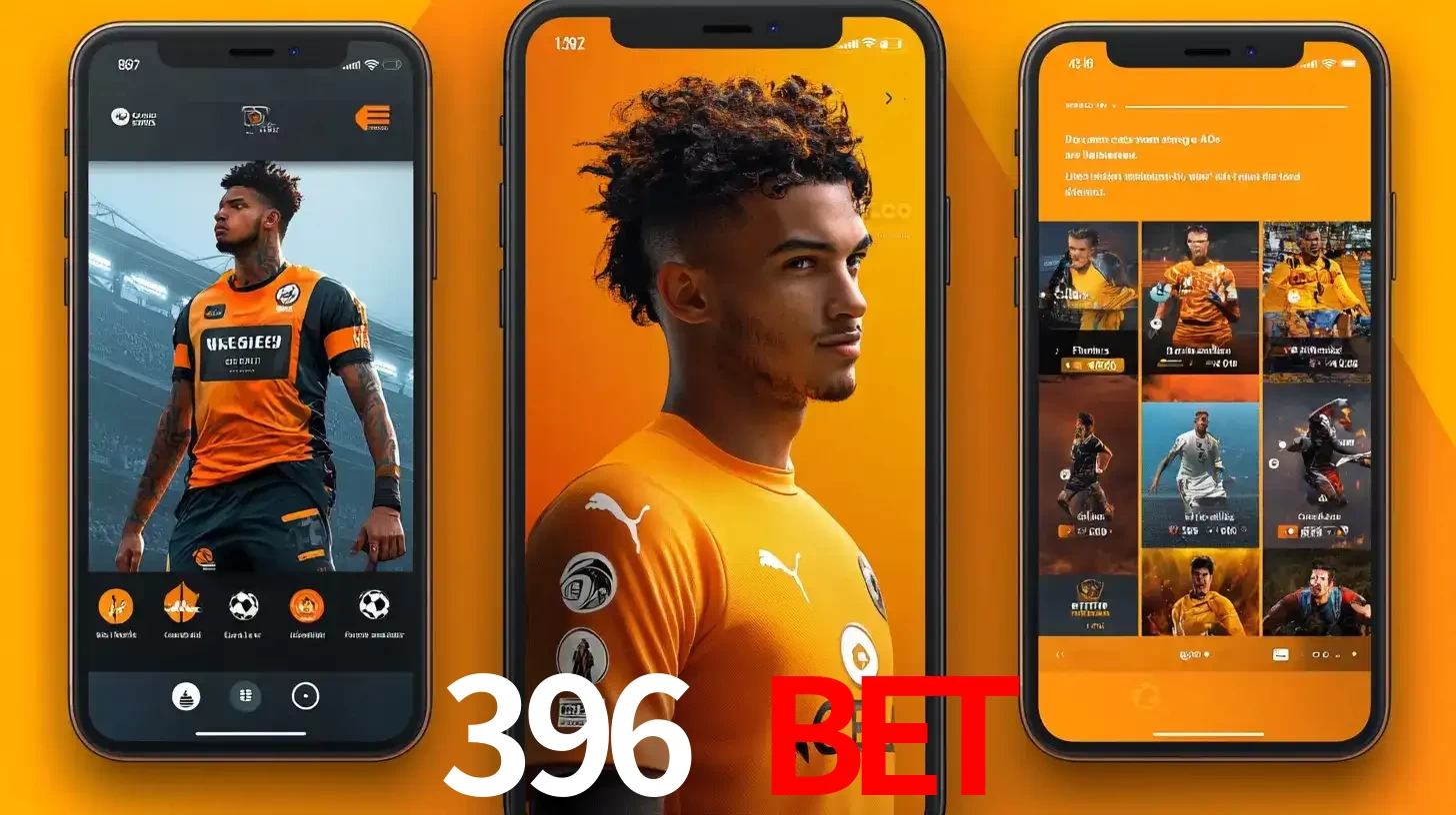 Interface do aplicativo de apostas esportivas 396 BET em três telas de celular, mostrando o perfil de um jogador de futebol e a lista de jogos disponíveis para apostar.