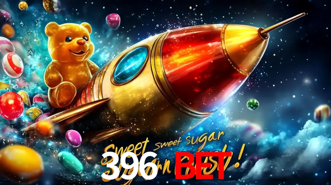 Arte promocional do jogo de slot Sugar Rush, com um urso de pelúcia em um foguete viajando pelo espaço de doces, um dos jogos divertidos disponíveis no cassino 396 BET.