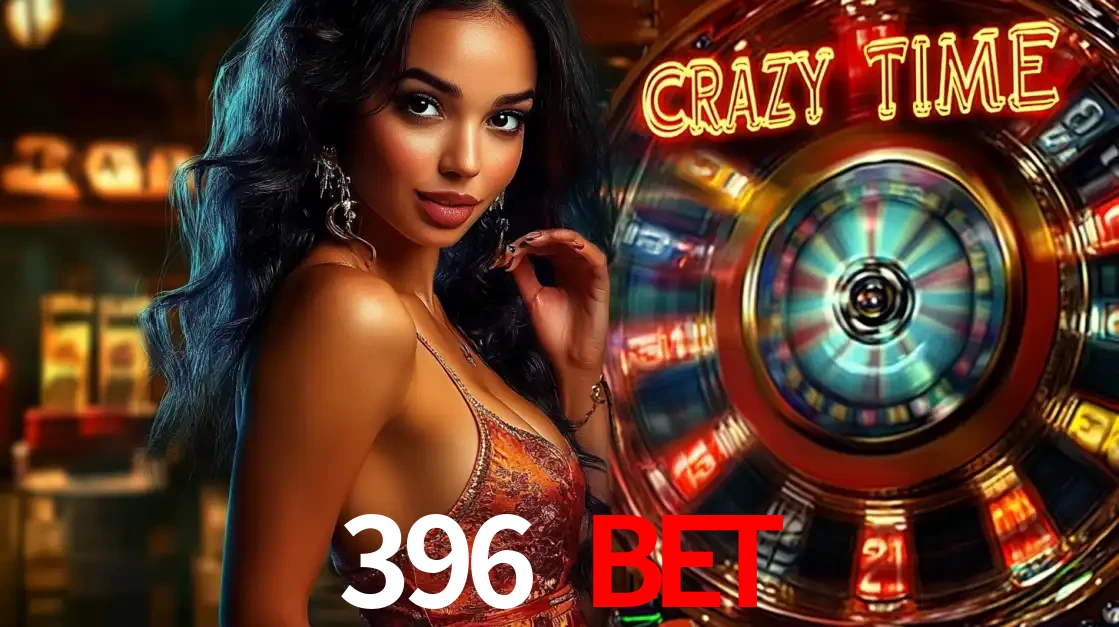 Mulher elegante ao lado da vibrante roda da fortuna do jogo de cassino ao vivo Crazy Time, um dos game shows mais populares e cheios de prêmios do 396 BET.