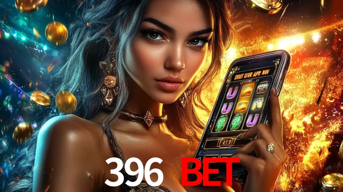 Mulher elegante mostrando um jogo de caça-níqueis em seu smartphone, destacando a experiência de cassino móvel oferecida pelo aplicativo 396 BET.