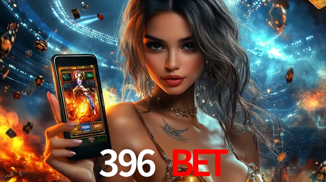 Mulher segurando um celular com um jogo de slot em destaque, tendo como fundo um estádio vibrante, simbolizando a emoção de jogar no cassino móvel 396 BET.